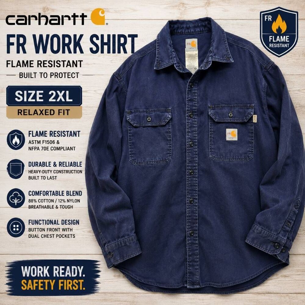 Carhartt FR Men’s 2XL Navy Flame Resistant Work Shirt Button Front NFPA 70E